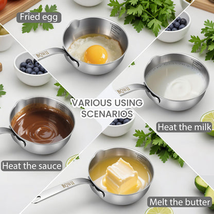 BQWII 18/10 Stainless Steel Butter Warmer, 13.5 fl oz (400ml), Ideal for Heating Milk, Butter, Sauces, Baby Food, Coffee, Chocolate, Egg Pan, Compatible with Induction & Gas Stovetops
