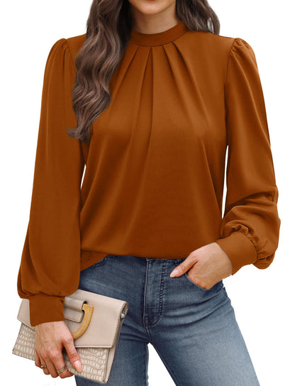 WIHOLL Long Sleeve Shirts for Women Mock Neck Tops Pleated Front Blouses Dressy Casual Fall Clothes 2025 Fashion