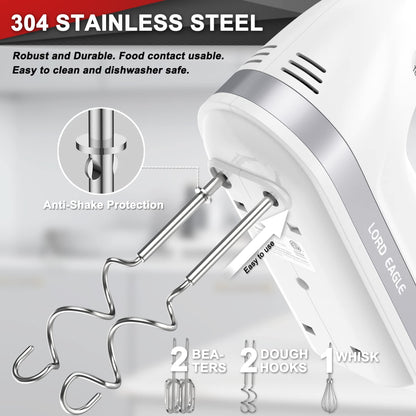 Lord Eagle Hand Mixer Electric Handheld 400W, 5-Speed Lightweight Kitchen Mixer with Storage Case, 5 Stainless Steel Attachments for Baking Cake Egg Cream Food Beater, Turbo+Eject Button
