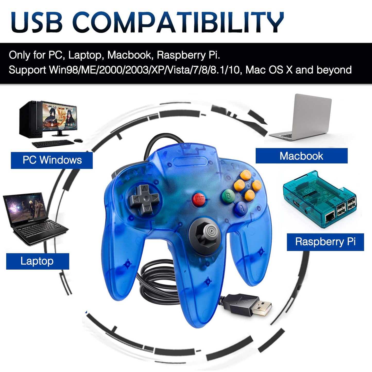 miadore 2 Packs USB Retro Controllers for N64 Gaming, PC Classic N64 Game Pad Joypad for Windows PC MAC Raspberry Pi