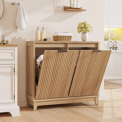 Double Tilt Out Trash Can Cabinet with Odor Control, Outlets, Fluted Trash Cabinet 13 Gallon Hidden Bin Storage, Modern Kitchen Cabinet with Soft-Close Door, Laundry Hamper Cabinet for Bathroom