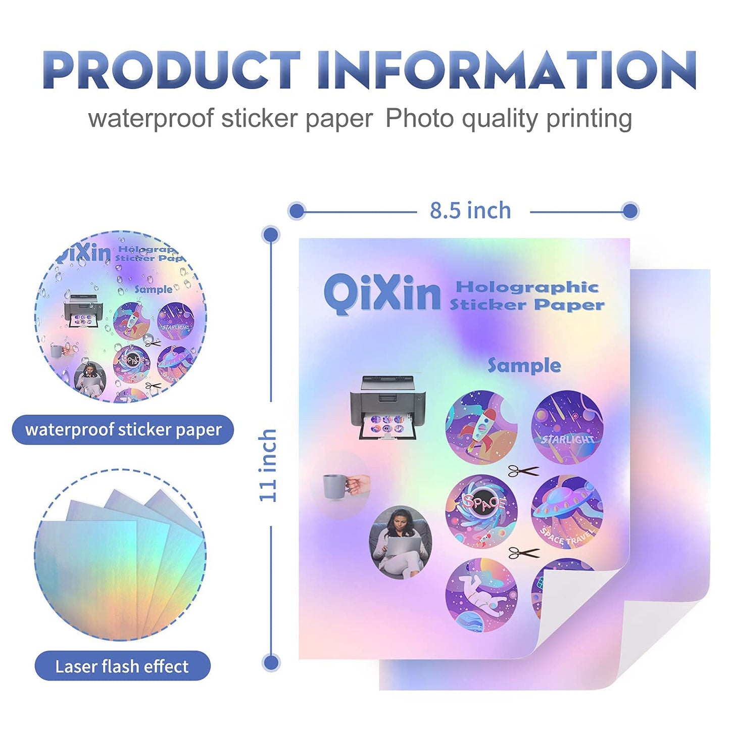 QiXin 50 Sheets Holographic Sticker Paper 8.5 x11 inch for Inkjet Printer & Laser Printer US letter size Holographic Printable Vinyl Rainbow Sticker Printer Paper Adhesive Waterproof Vinyl