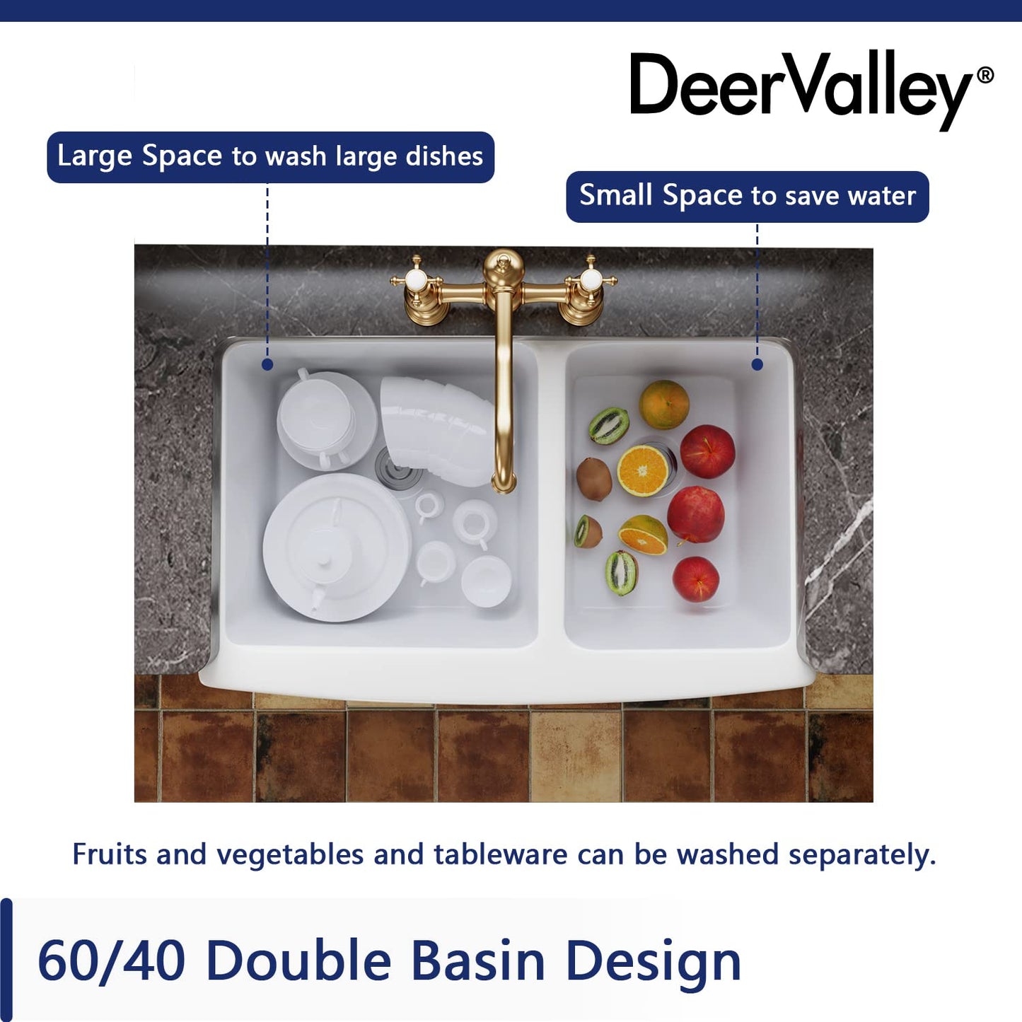 DeerValley Double Bowl White Kichen Sink 33 inch, Ceramic Apron Front Farmhouse Sink, Deep Drop-in Fireclay Undermount Large Sinks with Grid & Strainer