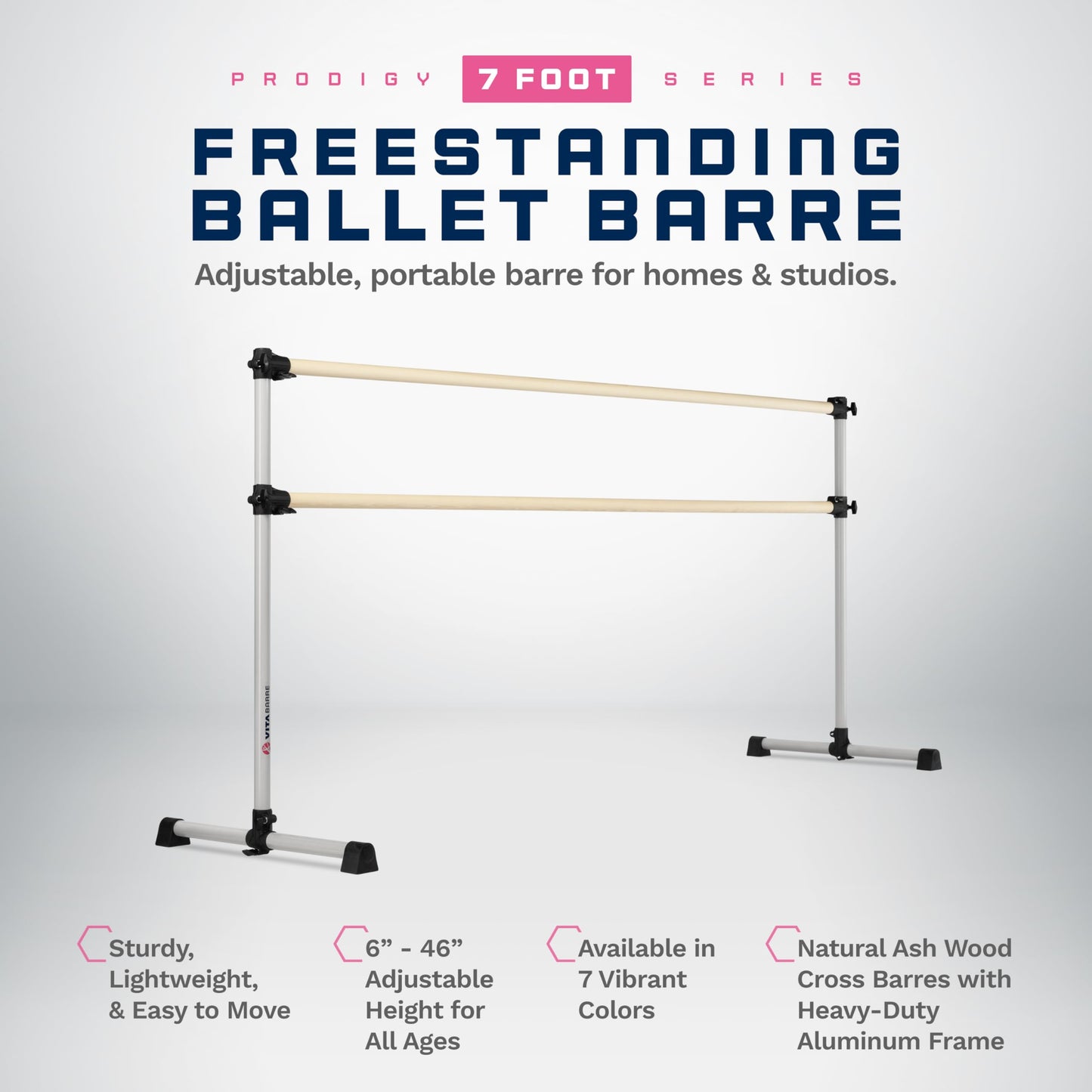 VITA Barre Portable Freestanding Double Ballet Barre, Prodigy, 7 Ft Bars, Satin Silver | Adjustable Height, USA Made, Home or Gym Exercise Equipment for Kids & Adults | Dance, Fitness, Pilates