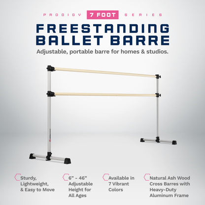 VITA Barre Portable Freestanding Double Ballet Barre, Prodigy, 7 Ft Bars, Satin Silver | Adjustable Height, USA Made, Home or Gym Exercise Equipment for Kids & Adults | Dance, Fitness, Pilates