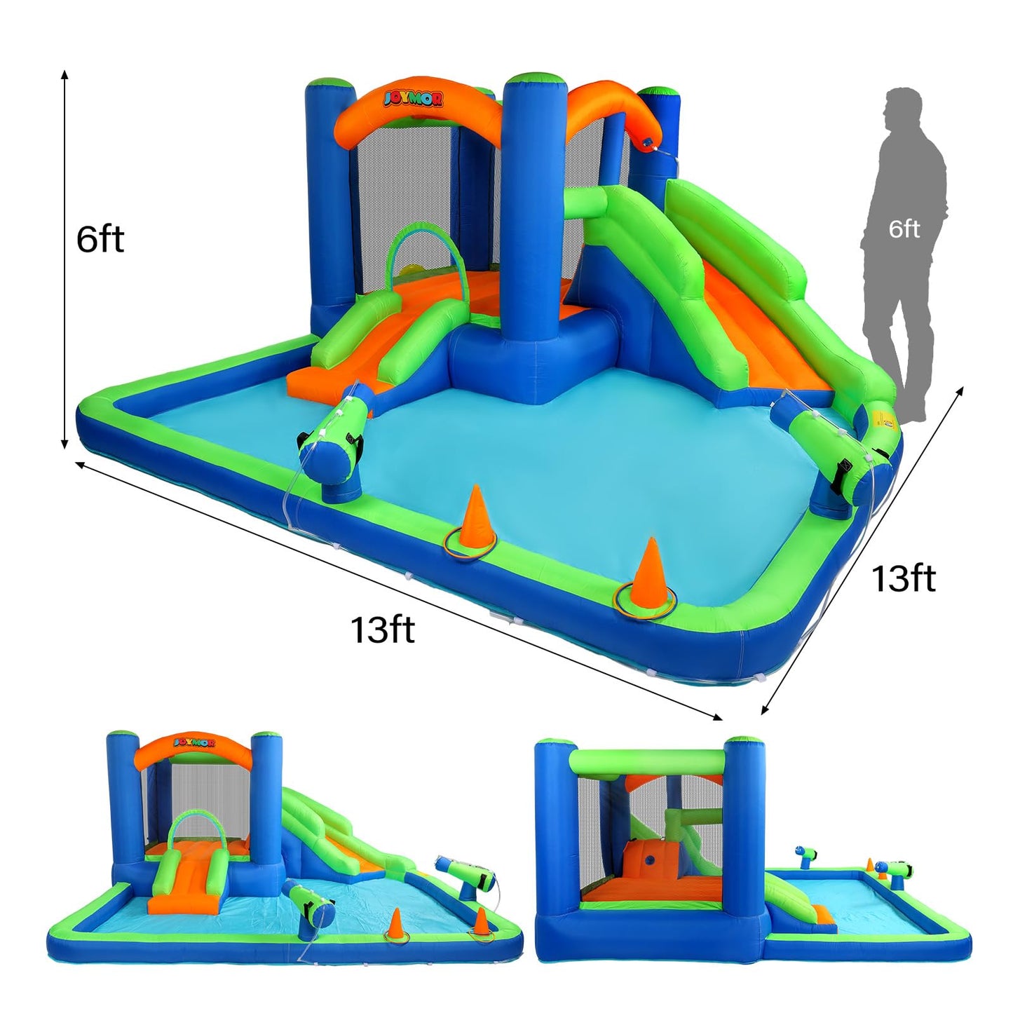 JOYMOR Inflatable Water Slide Bounce House for 3-6, 30s Blow Up Water Slide w/Basketball Hoop, Water Cannon, Ring-Toss Game, Inflatable Water Bounce House w/Slides, Air Blower (Blue/Green)