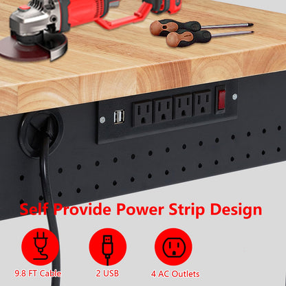 Garvee 72 x 25 Inch Adjustable Workbench, Heavy-Duty Workbench with a 2000 lb Load Capacity, Metal Frame with Power Outlets & Casters, Rubberwood Top Workbench for Workshops, Garages