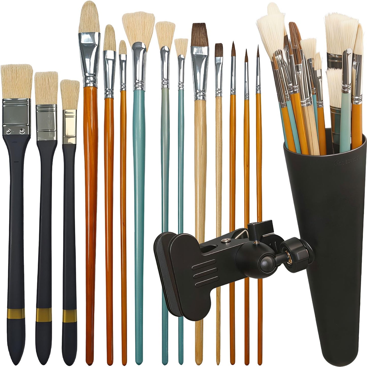 14 Paint Brushes Set with Brush Holder, Includes Hog Bristle & Weasel Hair Brushes for Oil, Acrylic, and Watercolor, Rotating Metal Clamp Convenient Storage and Positioning During Painting