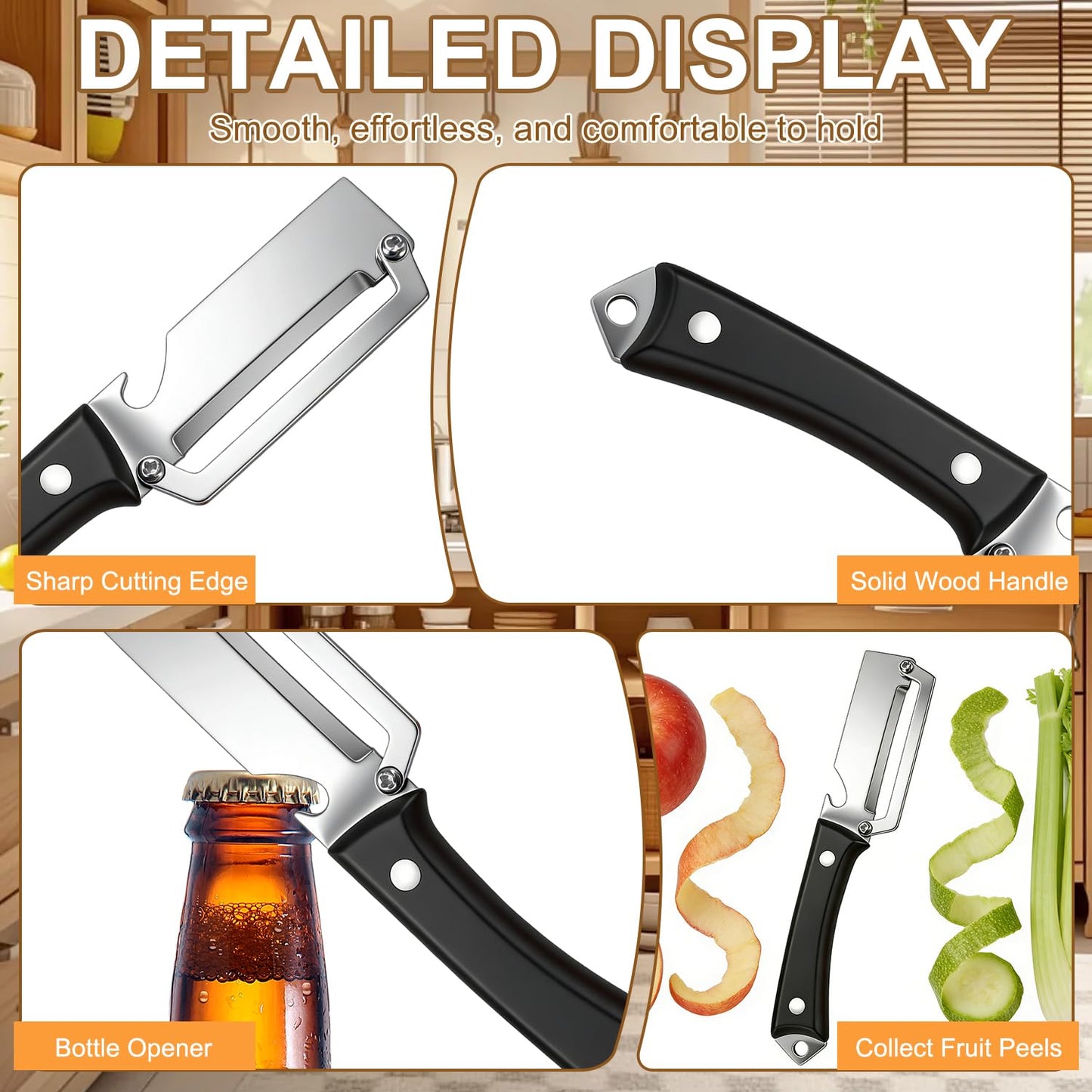 2026 Upgrade Premium Vegetable Peeler with Wooden Handle and Bottle Opener, Multifunctional 3-in-1 Stainless Steel Kitchen Tool for Fruit Apple Potato Pumpkin Papaya (Wood Grain + Black Pattern)