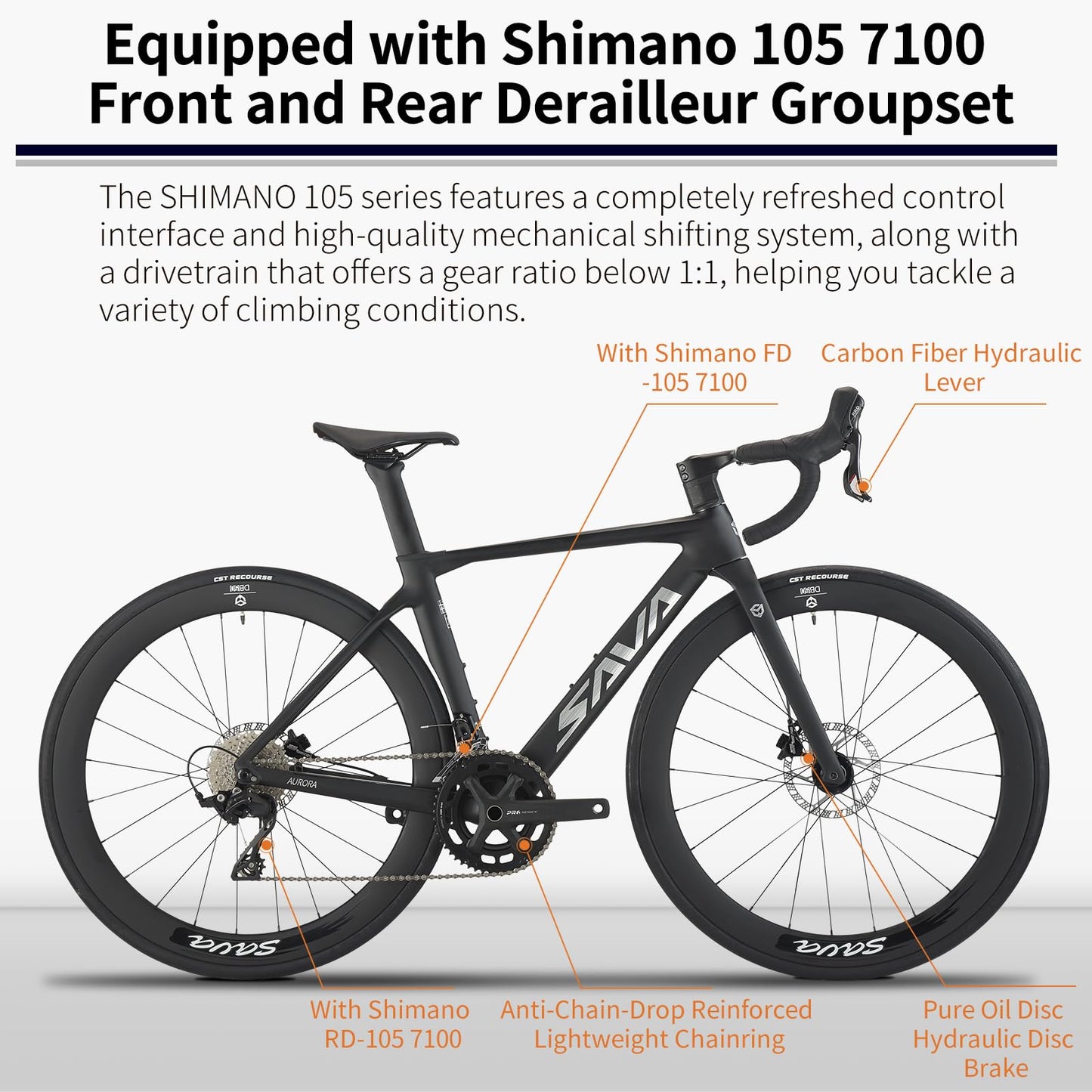 SAVADECK A7L Carbon Road Bike, T800 Carbon Fiber Frame 700C Racing Bicycle with Shimano 105 R7100 24 Speed Groupset and Hydraulic Disc Brake, Ultra-Light Carbon Bike for Man and Women(Grey,47cm)