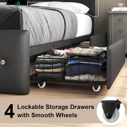 FammyLoft Queen Size Bed Frame, PU Upholstered Bed Frame with RGB LED and 4 Storage Drawers, Platform Bed Frame with Adjustable Headboard, Charging Outlet, Diamond Crystal Button, Black