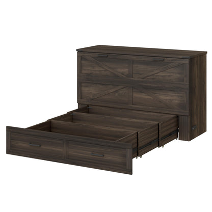 Ball & Cast Murphy Bed Queen,Farmhouse Hideaway Cabinet Bed with Charging Station and Large Storage Drawer,Foldable Wall Murphy Beds w/Slat Support,Space-Saving Furniture for Study,Office,Rustic Gray