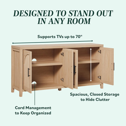 Walker Edison Sasha 4-Door Reeded Sideboard Buffet with Cord Management, 60 Inch, Coastal Oak