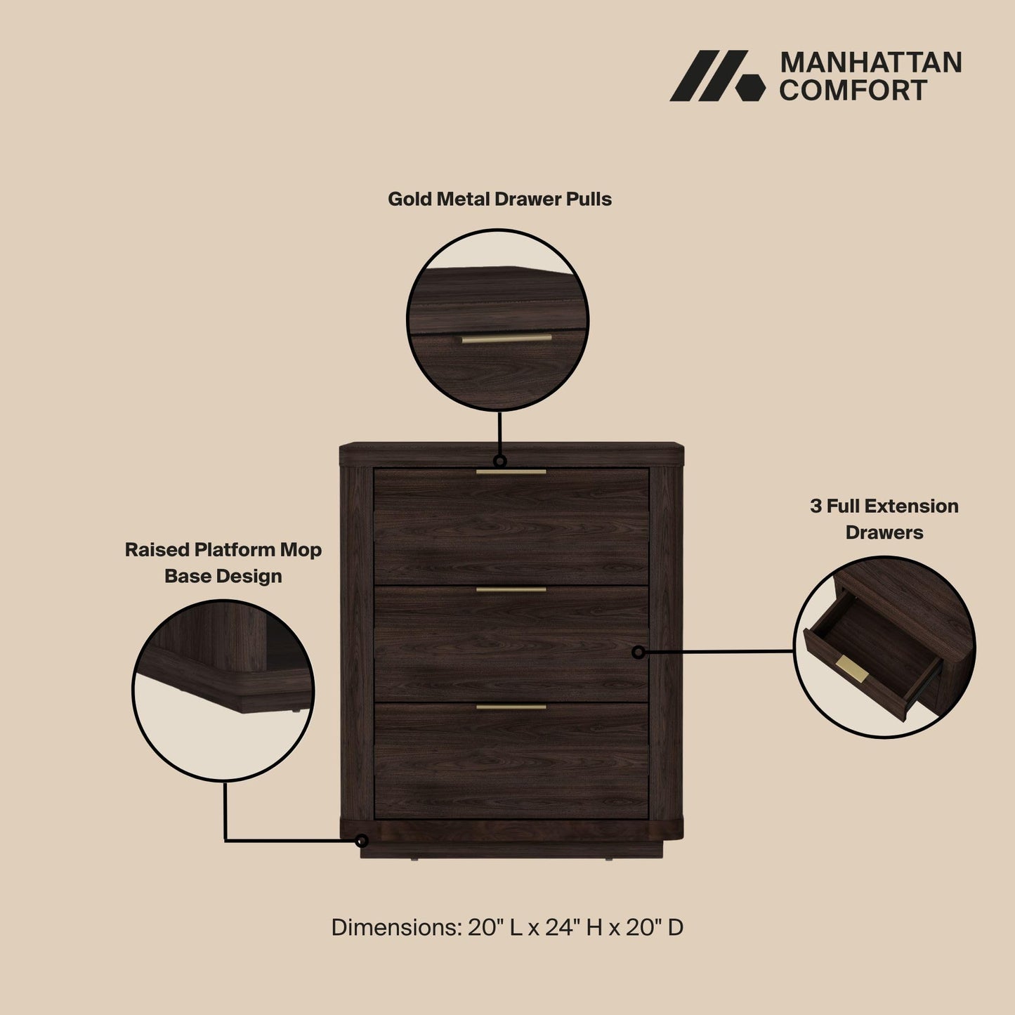 Manhattan Comfort Evelyn Set of 2 Nightstands with Full Extension Drawers, Minimalist Bedside Table with Rounded Corners and Raised Base, Modern Night Stand for Bedroom, or Living Room in Brown