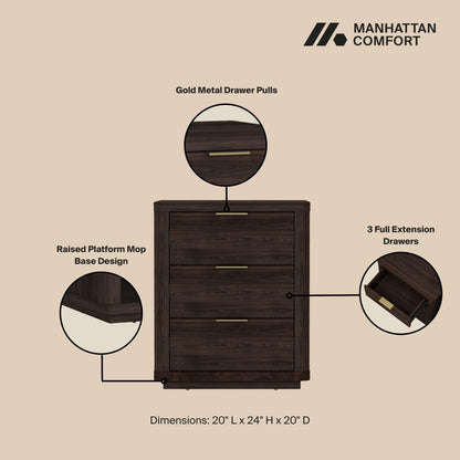 Manhattan Comfort Evelyn Set of 2 Nightstands with Full Extension Drawers, Minimalist Bedside Table with Rounded Corners and Raised Base, Modern Night Stand for Bedroom, or Living Room in Brown