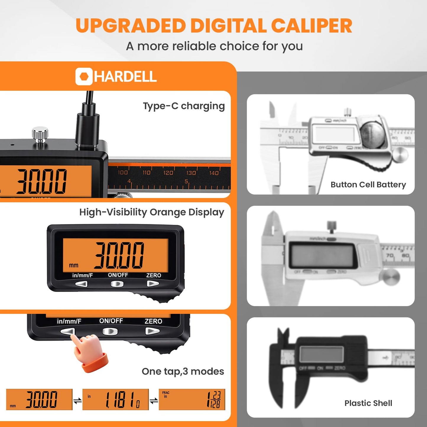 HARDELL Digital Caliper, Rechargeable Caliper Measuring Tool with Large Orange Screen, Stainless Steel Digital Micrometer with Auto-Off Feature -Inch/MM/Fraction for DIY/Household/3D-Printing