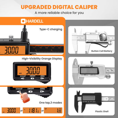 HARDELL Digital Caliper, Rechargeable Caliper Measuring Tool with Large Orange Screen, Stainless Steel Digital Micrometer with Auto-Off Feature -Inch/MM/Fraction for DIY/Household/3D-Printing