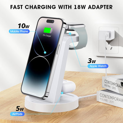 3 in 1 Charging Station for iPhone, Wireless Charger for iPhone 17 16e 16 15 14 13 12 11 X Pro Max & Apple Watch - Wireless Charging Station for AirPods 4 3 Pro