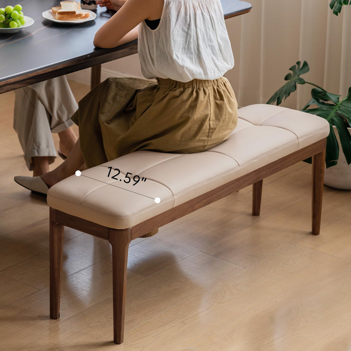 Wayshome 55.1'' Black Walnut Tufted Leather Dining Bench, Bedroom End of Bed Leather Upholstered Bench for Entryway with 100% Solid Black Walnut Leg Frame