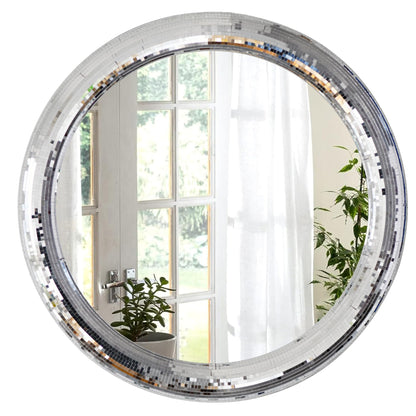 LuHeToz 23.6inch Round Decorative Wall Mirror with Mosaic Glass Frame, Silver Bathroom Vanity Mirror