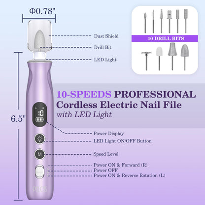PELCAS Electric Nail Grinder, 10 Speeds Cordless Nail Drill with LED Light, Portable Manicure and Pedicure Kit, Nail File with LCD Screen for Human, Pet, Thick Toenails, Natural & Acrylic Nails Grey