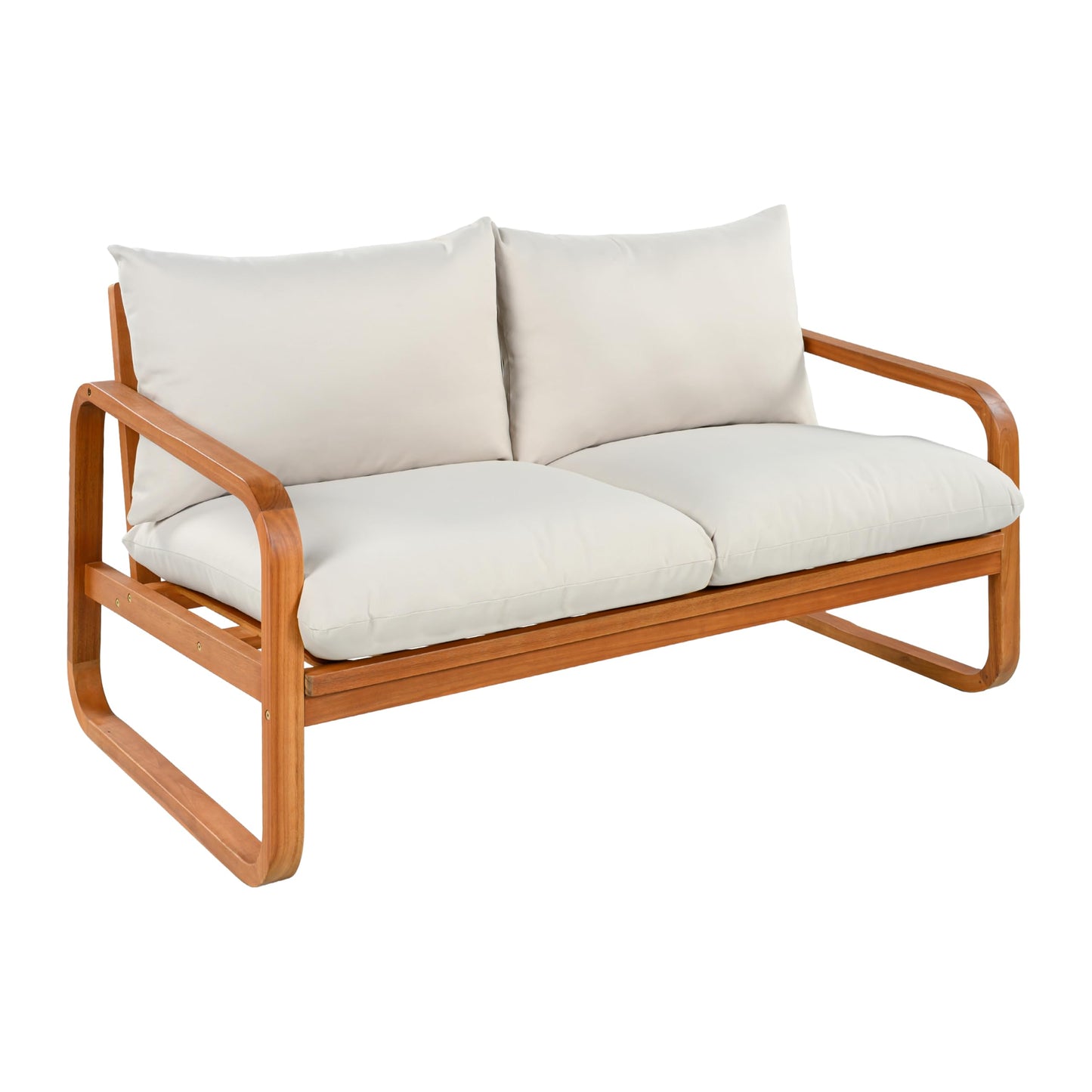Merax Outdoor 4-Piece Acacia Wood Conversation Set - Patio 2-Seat Loveseat Sofa w/Coushion, 2 Armchair and Square Coffee Table for Backyard, Lawn, Balcony, Beige + Natural