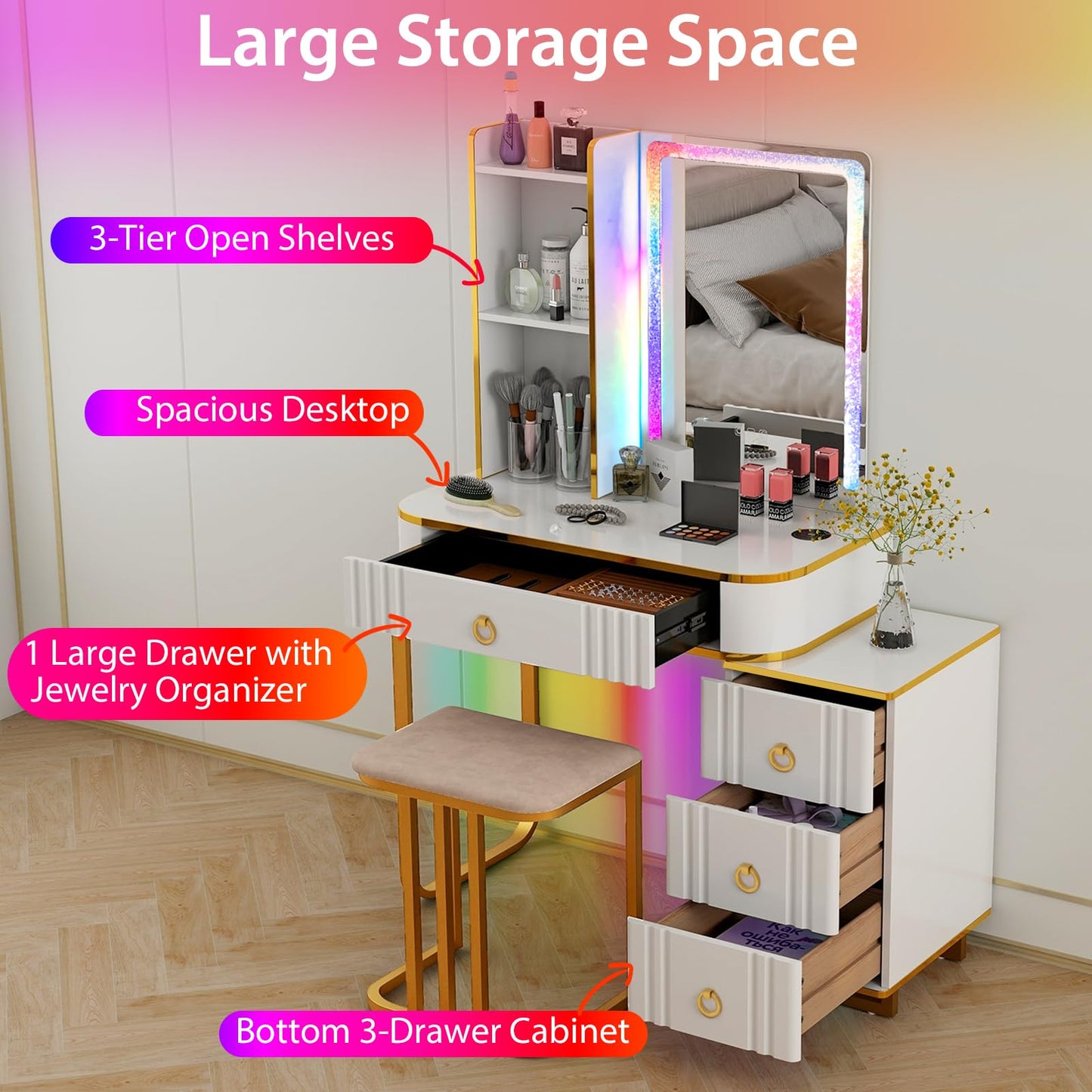 CHARMAID RBG Vanity Desk with Lights and Mirror, 7 Dynamic & 7 Static Modes, White Makeup Vanity Table with 3-Drawer Chest, 3 Shelves, Jewelry Storage Drawer, Girls Dressing Table with Stool