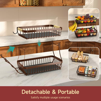 Sevenblue 2 Tier Large Fruit Basket for Kitchen Counter with 2 Mobile Banana Hangers, 2026 Pro Detachable Metal Fruit Bowl with Wooden Handle (Brown, 2 Tier Extra Large)