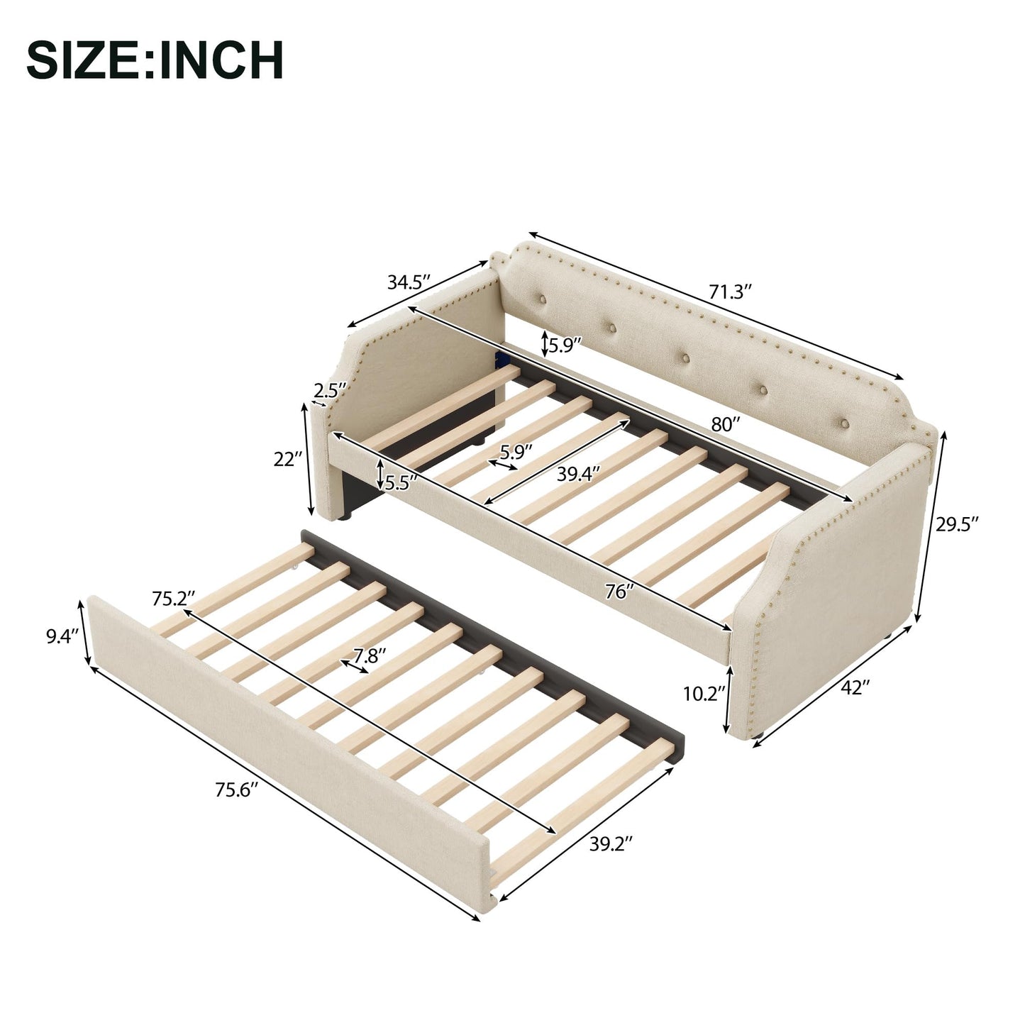 Merax Upholstered Daybed with Trundle, Wood Slat Support,Upholstered Frame Sofa Bed, Twin, Beige