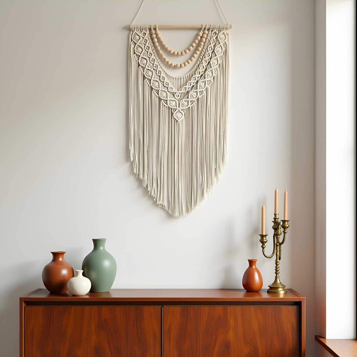 guzhiou Macrame Wall Hanging Boho Geometric Woven Tapestry Cotton Handmade Bohemian Art Decor with Wood Bead Wall Decor for Bedroom Living Room Apartment Nursery 31.5" L x 17" W (Wood bead-B)