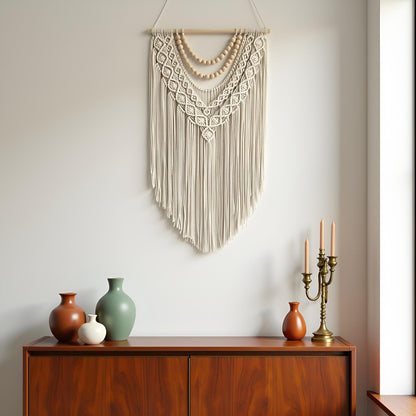guzhiou Macrame Wall Hanging Boho Geometric Woven Tapestry Cotton Handmade Bohemian Art Decor with Wood Bead Wall Decor for Bedroom Living Room Apartment Nursery 31.5" L x 17" W (Wood bead-B)