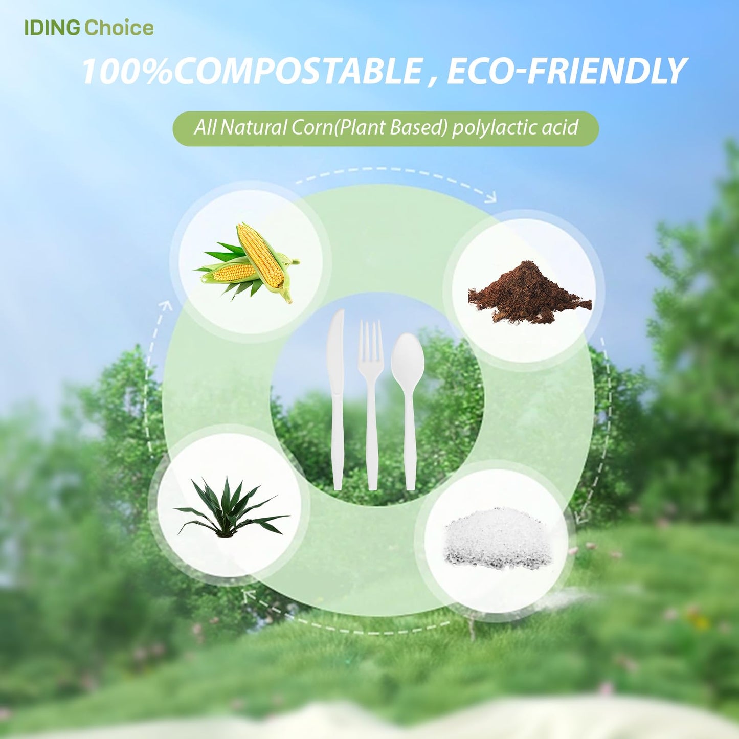 IDING Choice 380 Count Heavy Duty Compostable Cutlery Set 140 plastic forks 120 spoons 120 knives eco-friendly no plastic silverware compostable utensils for Weddings, Parties, Office, Camping, Picnic