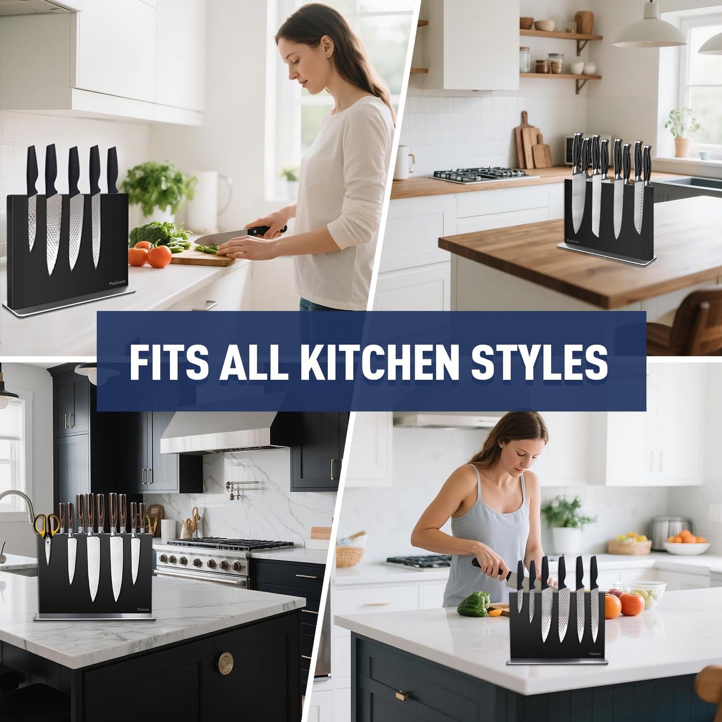 Pailexin Magnetic Knife Block Without Knives—Black Stainless Steel Double-Sided Magnetic Knife Holder Stand with Strong Magnets, Knife Storage Organizer for Kitchen Counter top