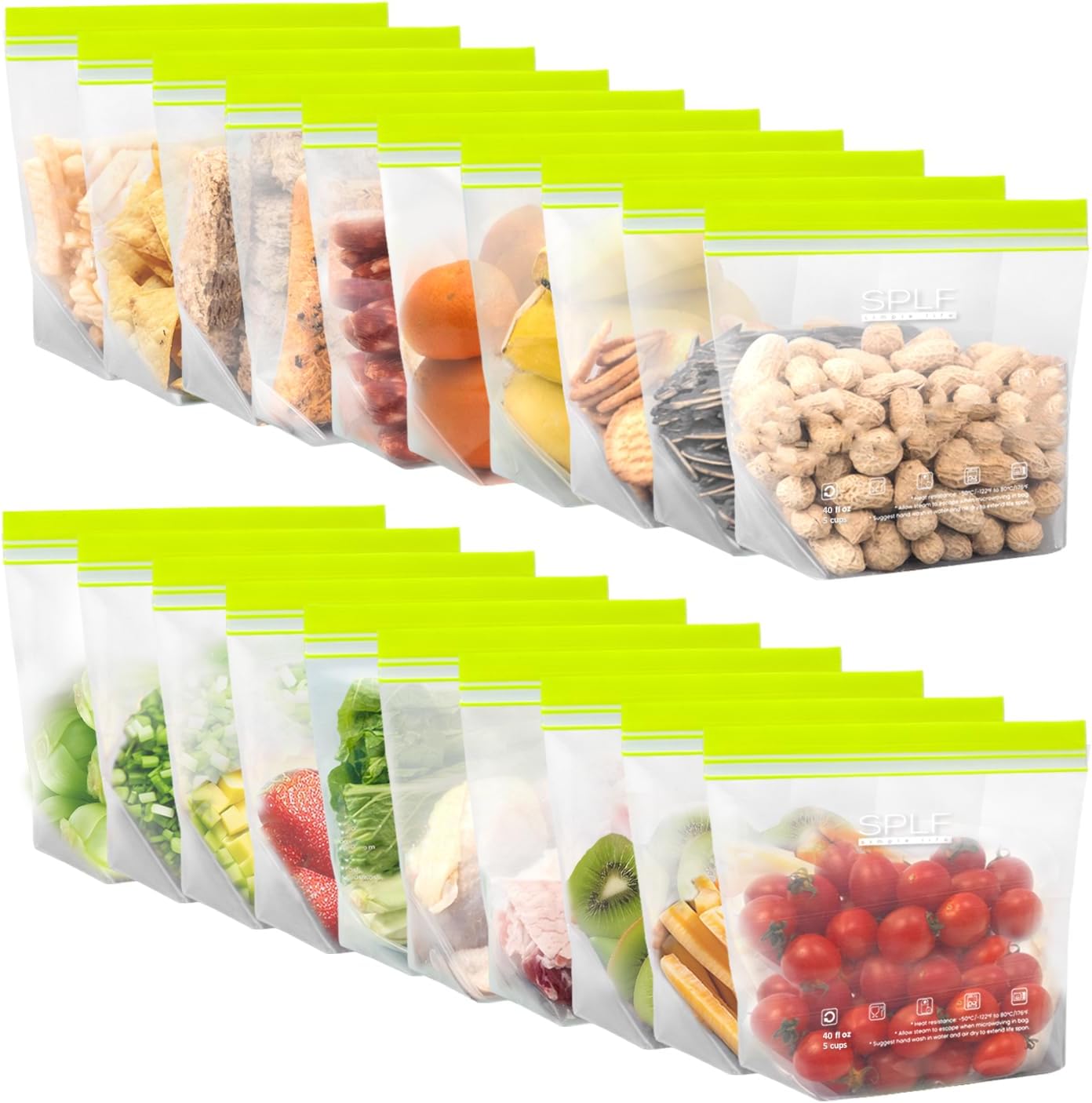 SPLF 20 Pack Reusable Sandwich Bags Dishwasher Microwave Safe, BPA Free Extra Thick Leakproof Reusable Food Storage Bags Silicone and Plastic Free Quart Size Freezer Bags Containers