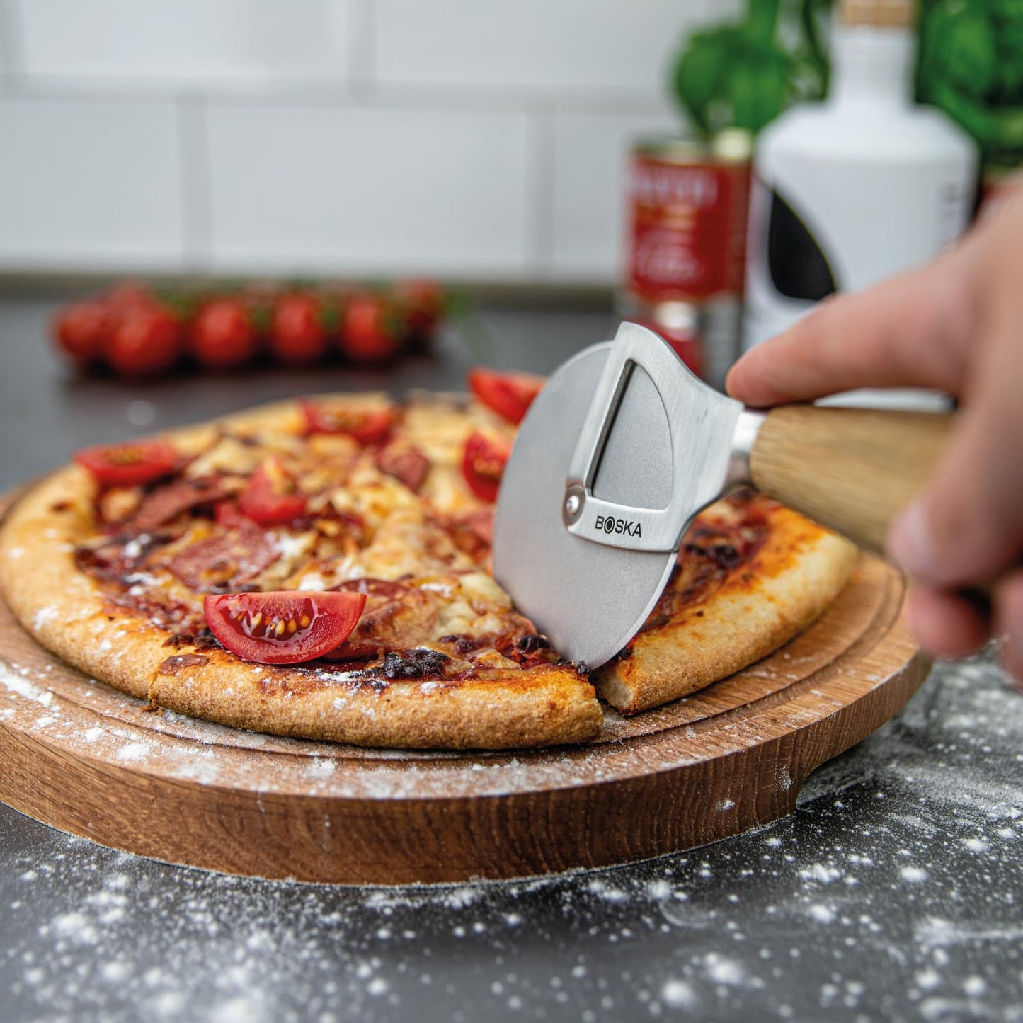 Boska Pizza Cutter Oslo+ - Large Pizza Wheel Cutter - Wooden Handle - Stainless Steel Non-Stick Wheel