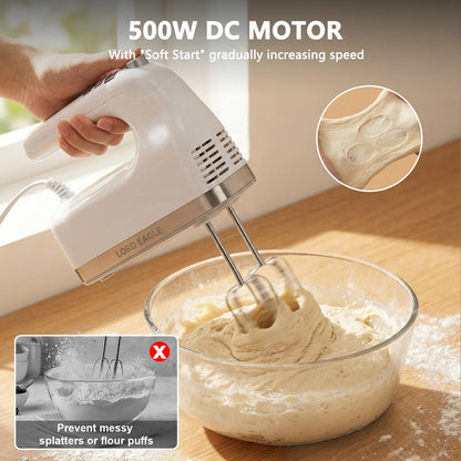 Lord Eagle 9-Speed Digital Hand Mixer Electric Handheld, 500W DC Motor Kitchen Mixer for Cake Baking, Lightweight Egg Beaters with Stain-resistant & Waterproof Storage Bag & 6 Accessories