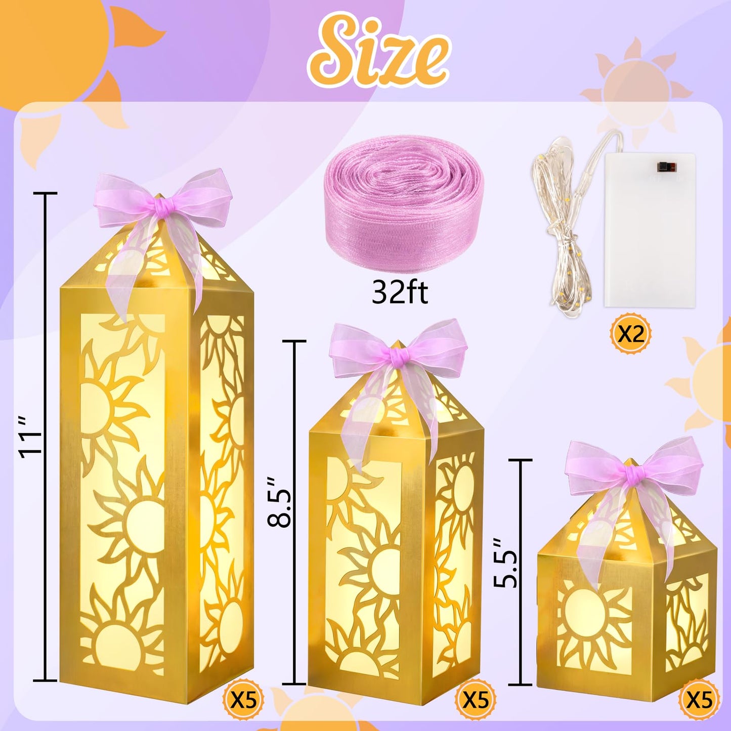 Renbuzhu 15PCS Princess Party Decorations Gold Sun Lanterns Centerpieces with LED Lights Ribbon for Girls Birthday Table Decor (Batteries Not Included)