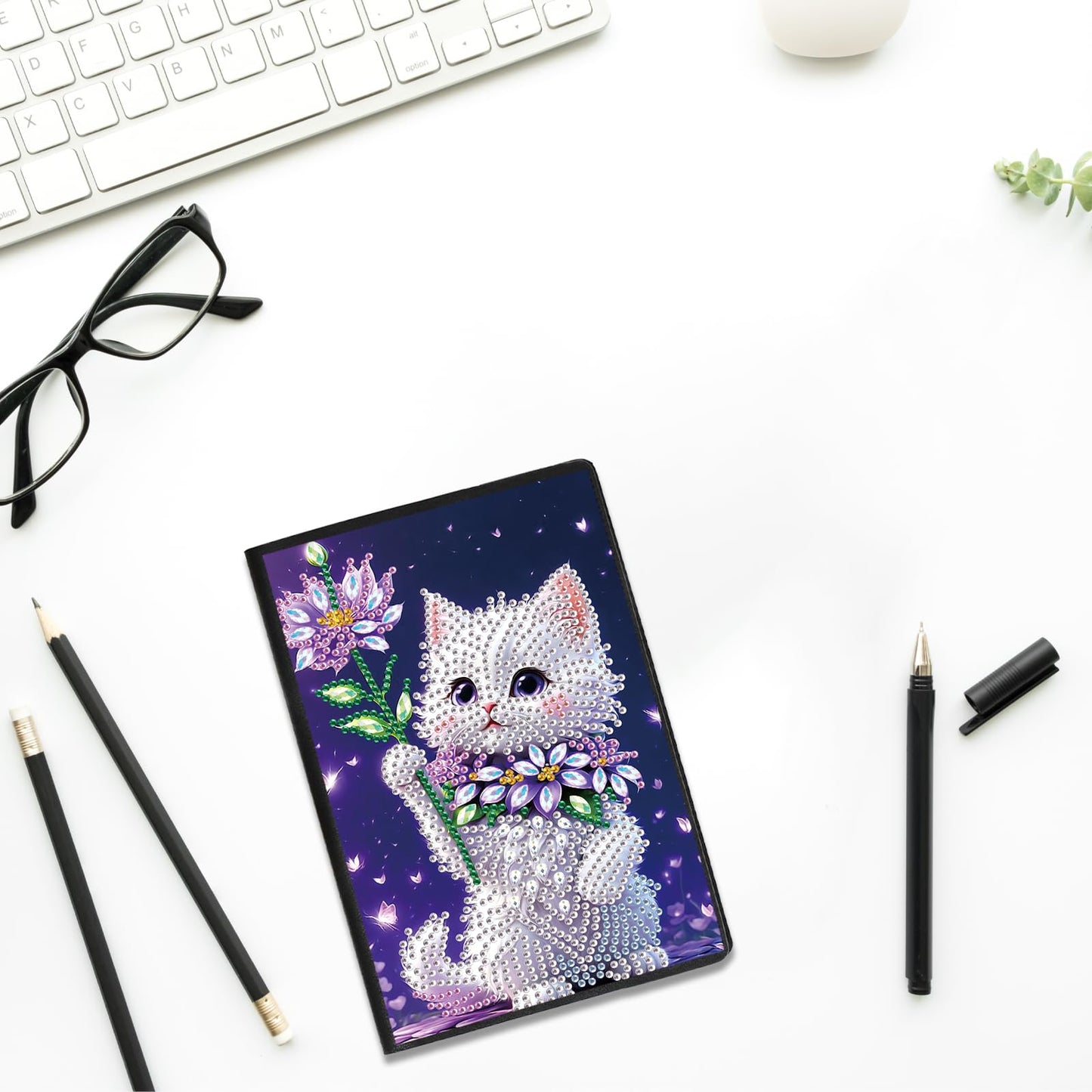 JZHYOAN Diamond Painting Note Book Gem Art Sketchbook Gem Painting Blank Notebook Mosaic Kits for Adults Diary with Cat Special Shaped Journals for Craft Lovers Gift Office Table Decoration