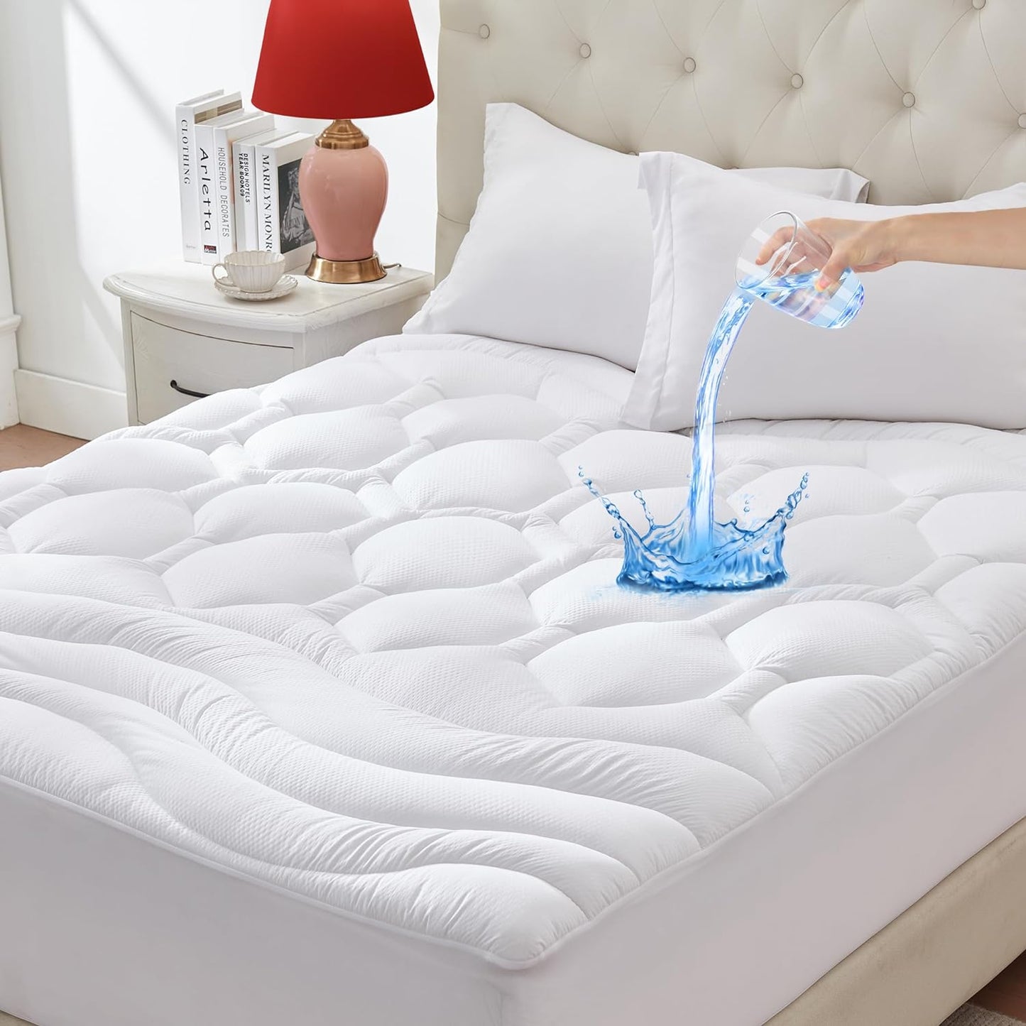 Queen Mattress Protector Waterproof, Hotel Quality Cooling Quilted Fitted Pad Topper with Deep Pocket 8-21”, White