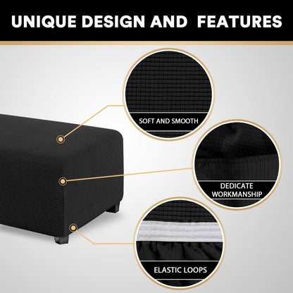 PrinceDeco Stretch Ottoman Cover Slipcovers, Rectangle for Living Room Foot Stool, Thick Checked Jacquard Fabric