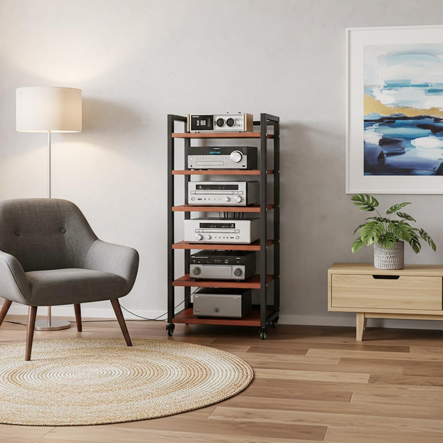 XEOKXOIT 6 Tier AV Media Stand, 47in Audio Rack Tower Stereo Components Cabinet, Home Theatre CD Record Player Stereo Receiver Equipment Rack with Adjustable Wood Shelves, Load 400lbs (Teak Brown)