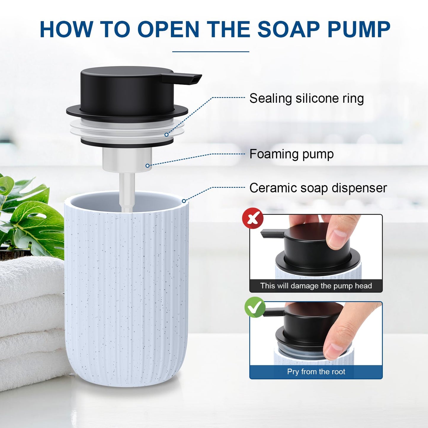 Ceramic Foaming Soap Dispenser, 12 oz Bathroom Foam Hand Soap Dispenser, Refillable Lotion Soap Dispenser with Removable Pump for Kitchen Hand Wash Dispenser, Modern Home Decor(2Pack-Black)