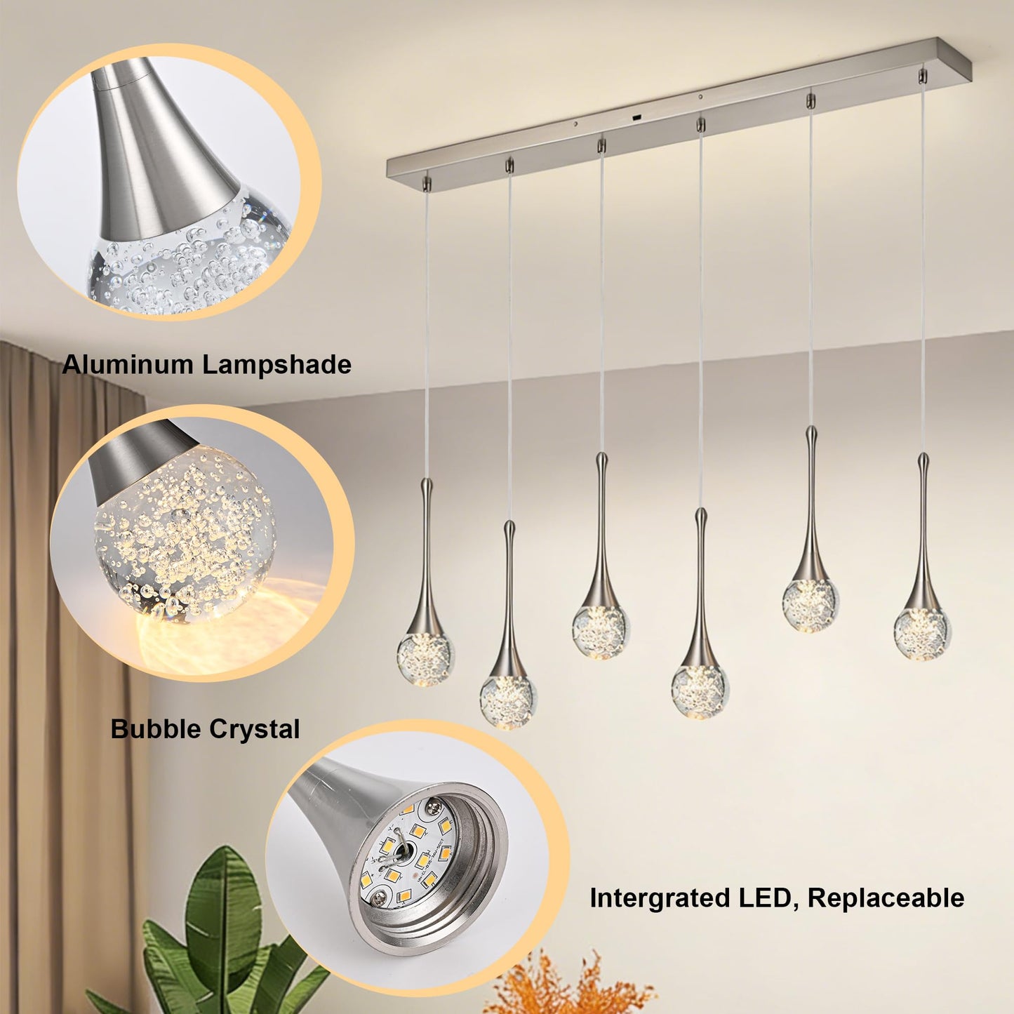 VINLUZ 6-Light Rectangle Brushed Nickel Crystal Chandelier, Dimmable LED Bubble Raindrop Modern Pendant Lighting Fixture, Luxury Elegant Adjustable Spiral Ceiling Light for Entryway Living Room Island