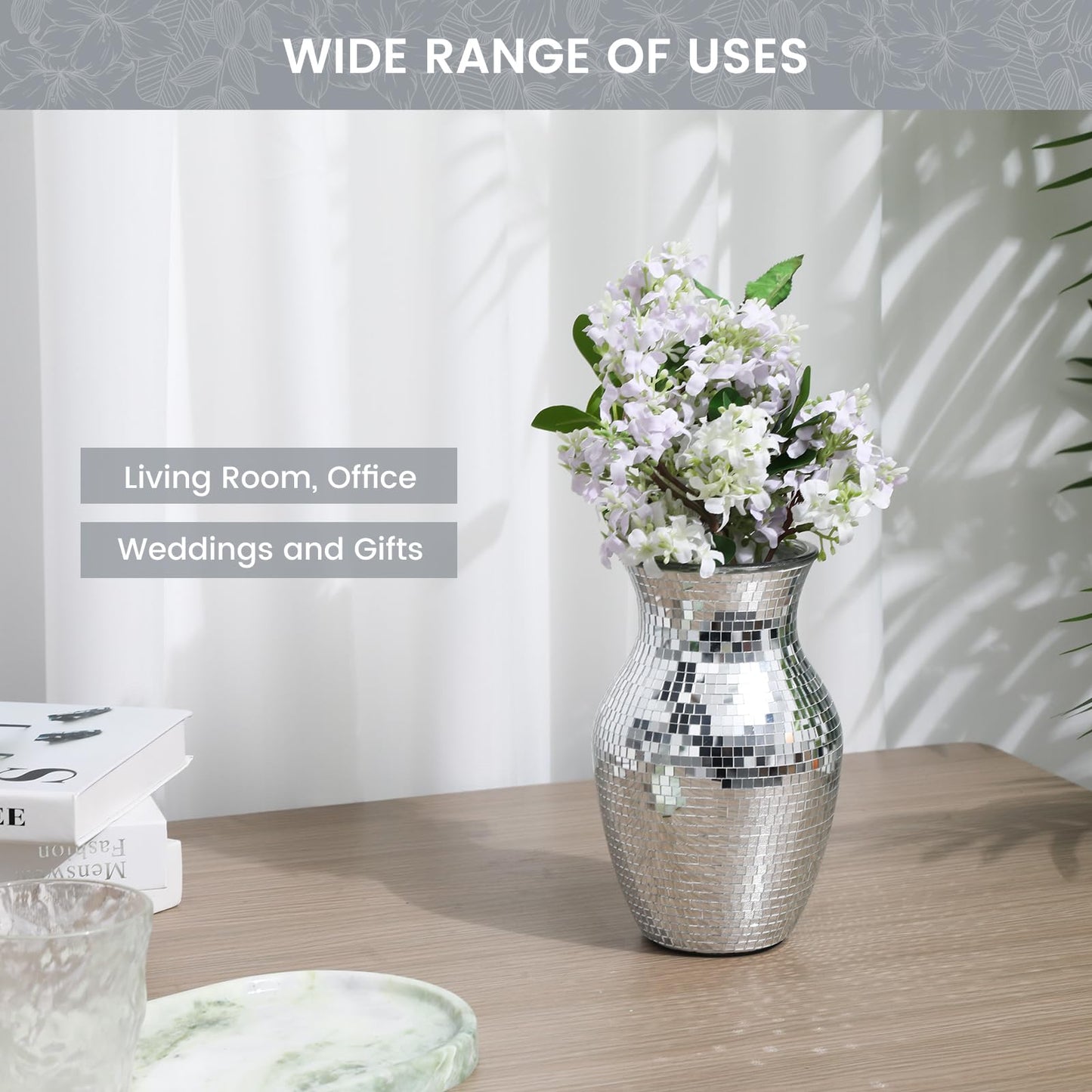 Adedeo Mosaic Glass Flower Vase for Home Decor, Handmade Glass Mosaic Vases for Living Room, Kitchen, Wedding, Office (Silver Mirror, 5 * 8 Inch)