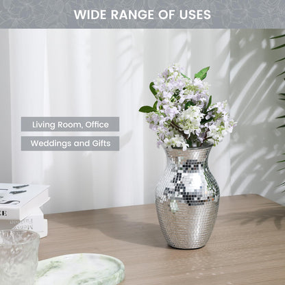 Adedeo Mosaic Glass Flower Vase for Home Decor, Handmade Glass Mosaic Vases for Living Room, Kitchen, Wedding, Office (Silver Mirror, 5 * 8 Inch)