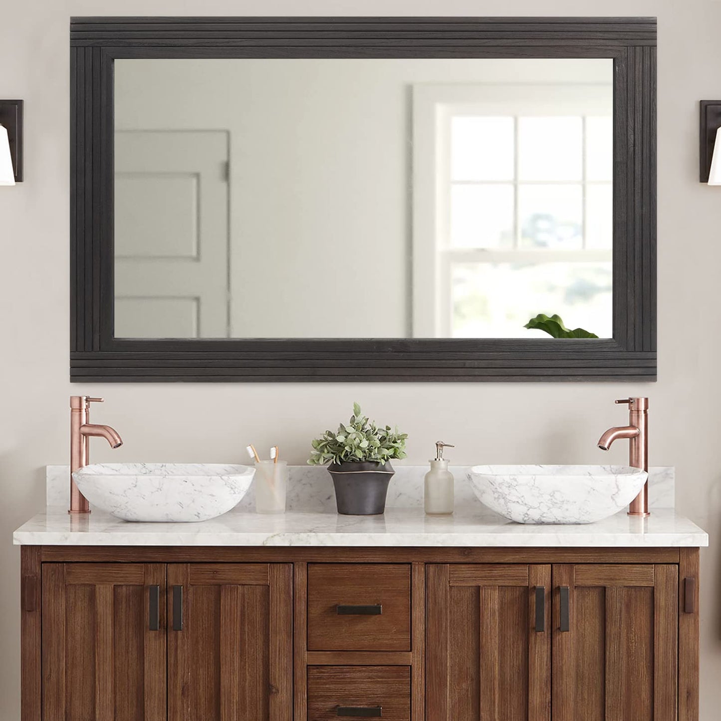 YOSHOOT Hand-Made Wooden Spliced Wall Mirror for Bathroom, Rustic Farmhouse Vanity Mirror, Décor Wall Art, Solid Wood Frame, Vertical or Horizontal Hanging, 60" x 30", Black