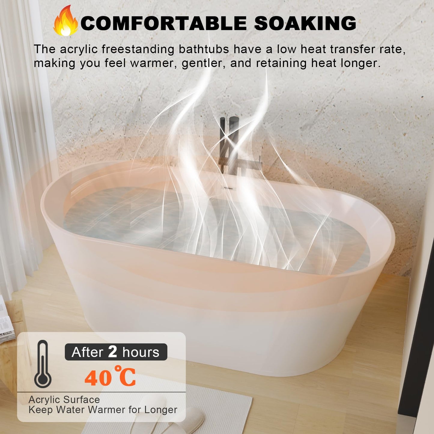 Zavdte 59'' Freestanding Acrylic Bathtub, Gloss White Stand Alone Soaking Tub with Toe-tap Chrome Drain, Double-Wall Insulation, CUPC Certified, Easy Install & Spacious Design