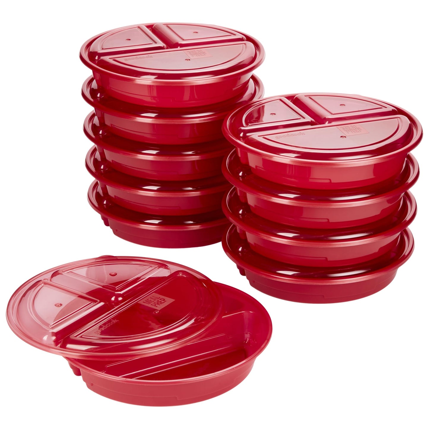 GoodCook Meal Prep Containers Set Microwave & Dishwasher-Safe Round Food Organizers with Labeled Compartments BPA-Free Food Storage Set with Snap Shut Lids Portion Control, 10-Pieces, Red