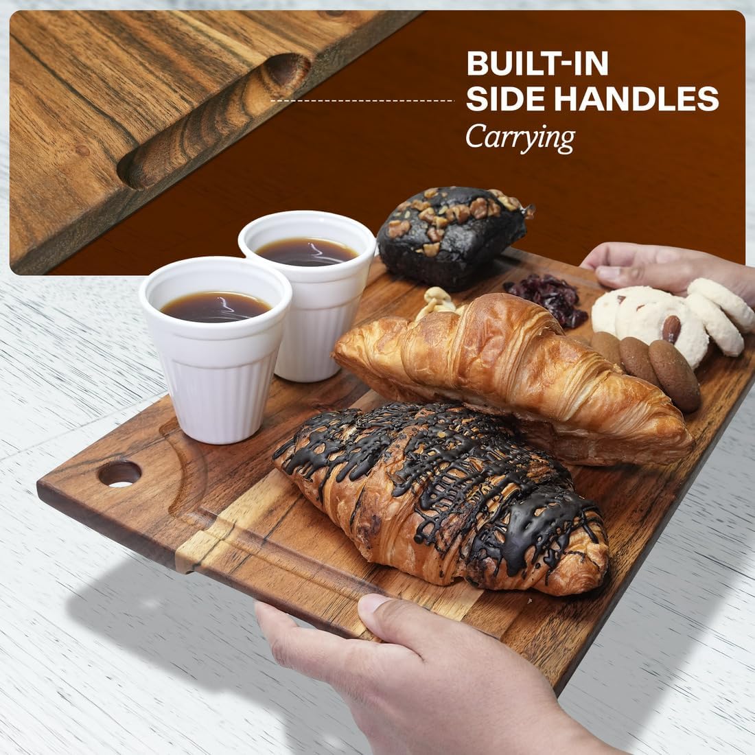 Set 3 Acacia Wood Cutting Board, Solid Wood Cutting Board of with holding stand and Deep Juice Grooves & Built
