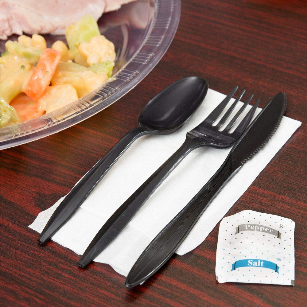 150 Plastic Cutlery Packets - Knife Fork Spoon Napkin Salt Pepper Sets | Black Plastic Silverware Sets Individually Wrapped Cutlery Kits, Bulk Plastic Utensil Cutlery Set Disposable To Go Silverware